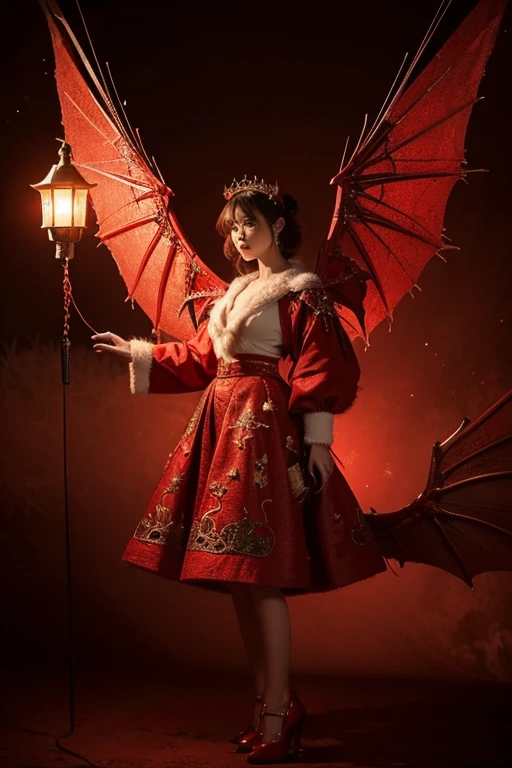 Dragon Angel with Broken Wings，intricate detailed clothes，Red is very festive，Has a warming effect，Furry cuffs，There are fireworks behind，Holding a lantern in hand，Gorgeous retro skirt，Red exquisitely embroidered shoes