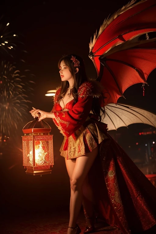 Dragon Angel with Broken Wings,intricate detailed clothes,Red is very festive,Has a warming effect,Furry cuffs,There are fireworks behind,Holding a lantern in hand,Gorgeous retro skirt,Red exquisitely embroidered shoes