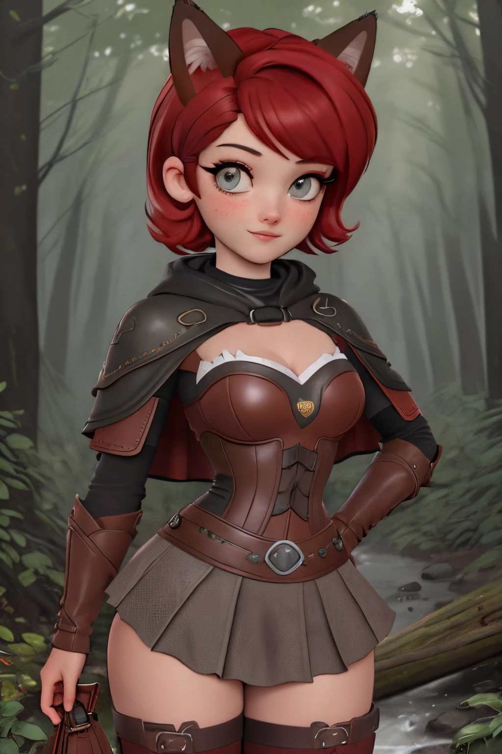 close up 1girl in, teenager, Solo, (undercut red hair: 1.28), ((light gray eyes)), some small freckles, (dark fox ears: 1.35), pale skin, medium breasts, cleavage, (thin hips, thin waist: 1.25), (arched back:1.12), detailed skin, mischievous face, (revealing ranger attire, brown leather, cowl, cloak, corset, skirt, long boots, buckles, straps, pouches, green fabric, brown leather: 1.1), random pose, (detailed magical forest background:1.1), creek, overlooking opening in forest, relaxing, 4k textures, soft light, elegant, highly detailed, sharp focus, soothing tones, insane details, intricate details, hyperdetailed, high contrast, hdr