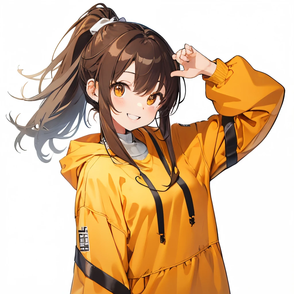 【Highest Quality, masutepiece】 [girl, Manteau, expressioness,deep orange eyes, front facing,dark brown hair,long ponytail hair,yellow knit cloth, Happy, Upper body] (Gray white background:1.2),very happy smile,