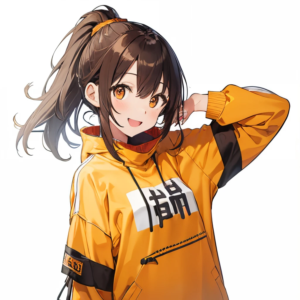 【Highest Quality, masutepiece】 [girl, Manteau, expressioness,deep orange eyes, front facing,dark brown hair,long ponytail hair,yellow knit cloth, Happy, Upper body] (Gray white background:1.2),very happy smile,