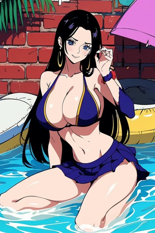 best quality, masterpiece, highly detailed,1girl, pleated skirt, huge breasts, huge_breasts, beach, (Beautiful_cara:1.5), (estrecho_cintura), bikini, purple bikini, slight blush, calm face, 1girl, solamente, Afrodita, black hair, adornos para el cabello, flores en el cabello, pechos enormes, escote, cuello, pulseras doradas, obra maestra, mejor calidad, colores vibrantes, NSFW, oversized gigantic breast, Mujer completamente madura, blue eyes, hancock1, boa hancock, smile,