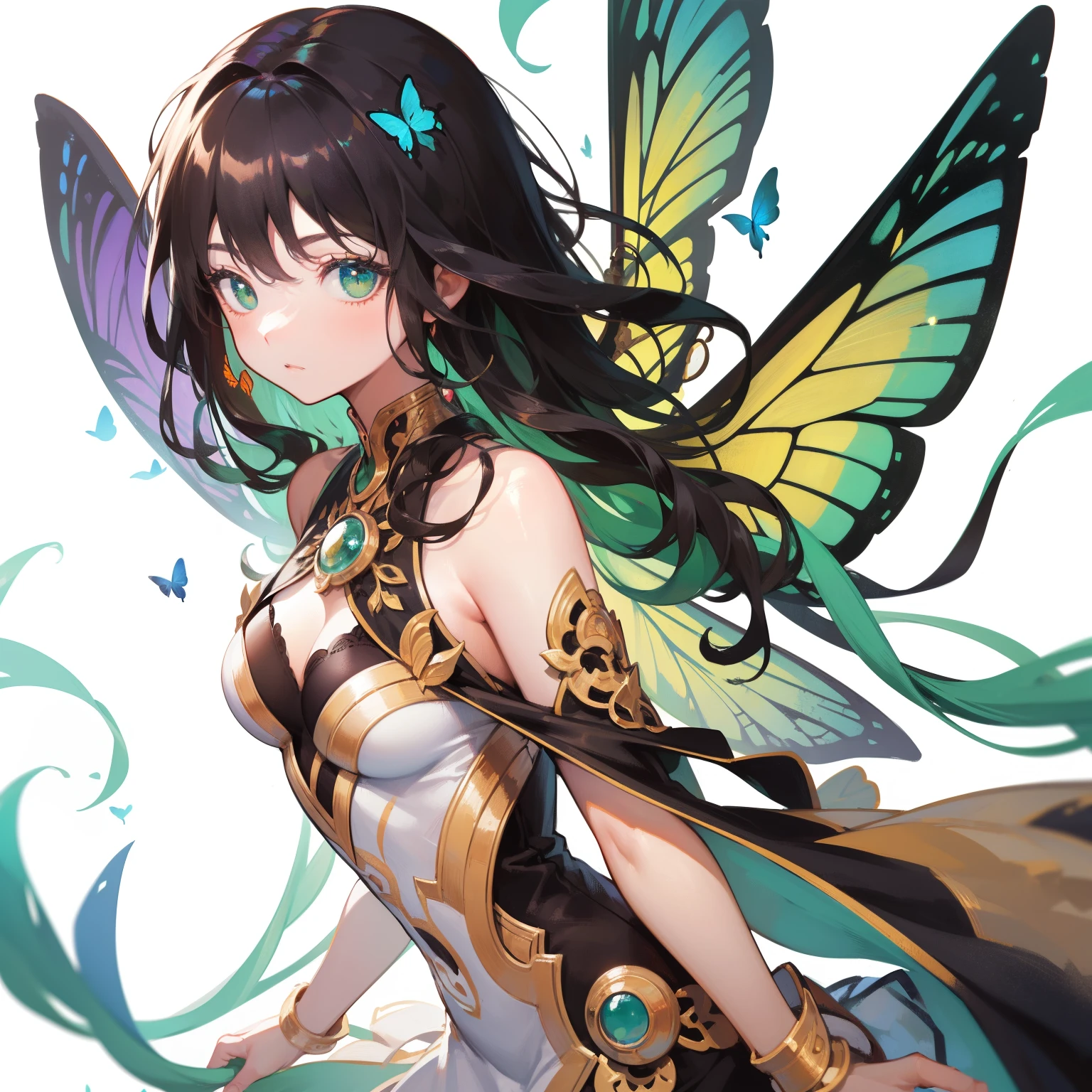 (masterpiece), best quality, ultra high res, sharp focus, (white flat background:1.2), perfect simple anime logo, round, a beautiful woman fusion of robot facing to the viewer, green eyes, brown long wavy hair, nature, butterflies with soft circuit patterns