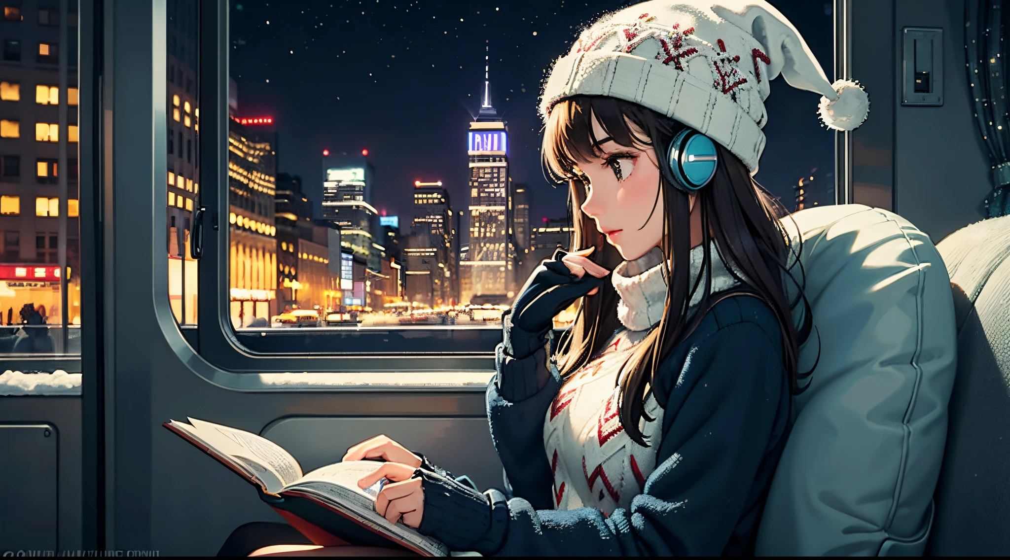 lofi relaxed one brunette girl with headphones drives inside bus, reads book. in window winter night. snow in city. snowstorm. beautiful landscape New York Rockefeller Center with huge (Christmas trees), lights. travel. tourist warm clothes, gloves, winter hat. long hair. cold breath. side view. christmas sweater