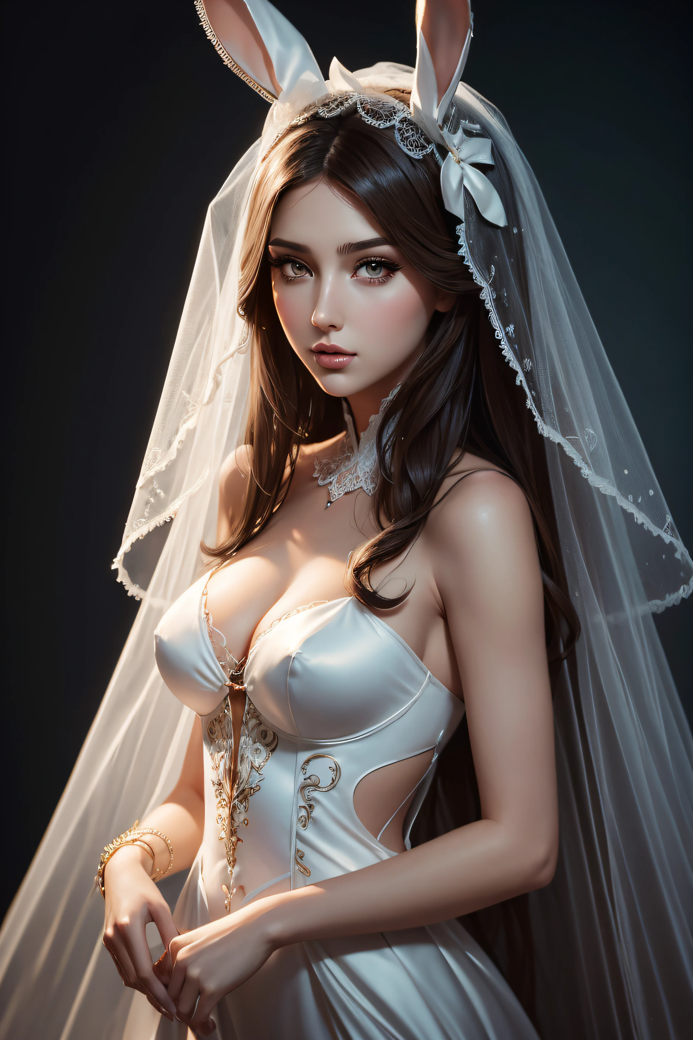 Gigi Paris, bunny veil bride sexy clothes, character portrait, 4 9 9 0 s, long hair, intricate, elegant, highly detailed, digital painting, artstation, concept art, smooth, sharp focus, illustration, art by wlop, charlie bowater and alexandra fomina, no water marks