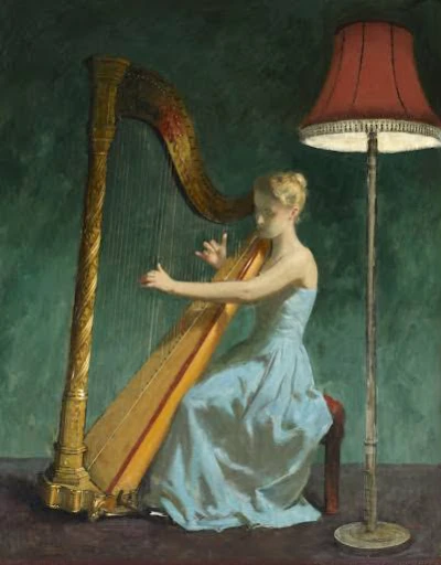 painting of a woman playing a harp in a blue dress, by Harold Harvey, with an harp, harp, by Randolph Schwabe, by Philip de László, henry meynell rheam, inspired by Harold Harvey, art style of john collier, raphael hopper, by William McGregor Paxton, by Ernest Procter, by Edmund Charles Tarbell