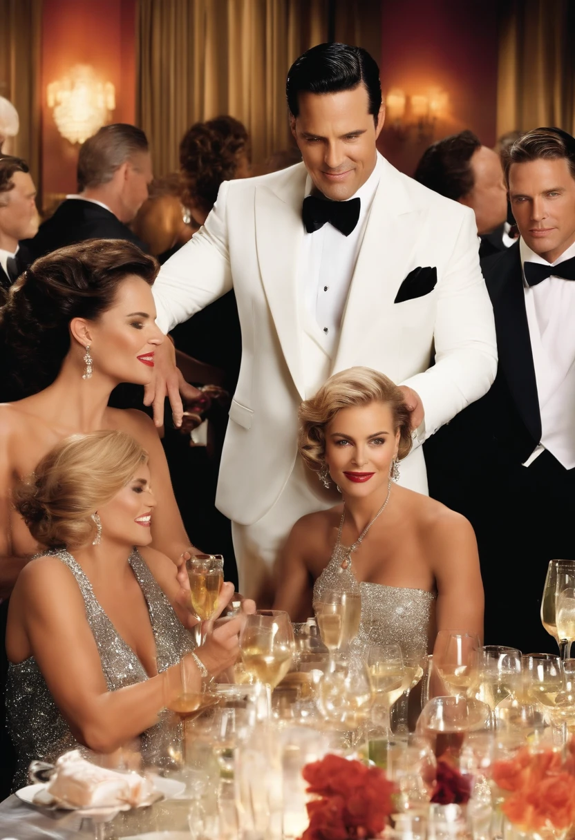 two women in silver dresses and hats stand next to each other, Wayne England, by John La Gatta, by Aleksander Kotsis, Beauty Pageant Rendering, by Roy Dalgarno, glamorous composition, Pat Adams, by Milton Menasco, Bob Ringwood, Eric de Kolb, old Hollywood theme, Jupe Sanders
