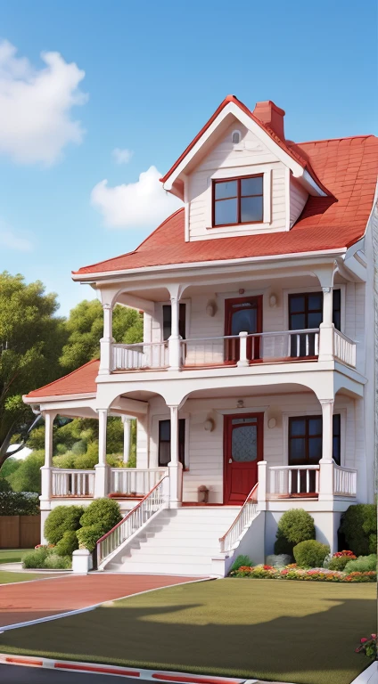 Zack's house is a large two-story house painted white. The roof is red. It has a balcony. It has a large and beautiful front garden. The front garden gate is large white.