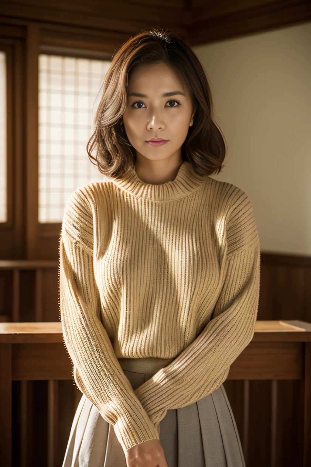top-quality, masterpiece, hight resolution, Photorealsitic, profetional lighting, ighly detailed, depth of fields, ((One beautiful woman)), ((40 years)), Female sexy, Classroom, ((tight sweater, skirt by the)), Detailed face, beautidful eyes, bangss, small breasts of good shape, Light Brown Straight Hair, Faint lips, ((Stand forward、gazing at viewer, Serious face)), cowboy shot, sharp,
