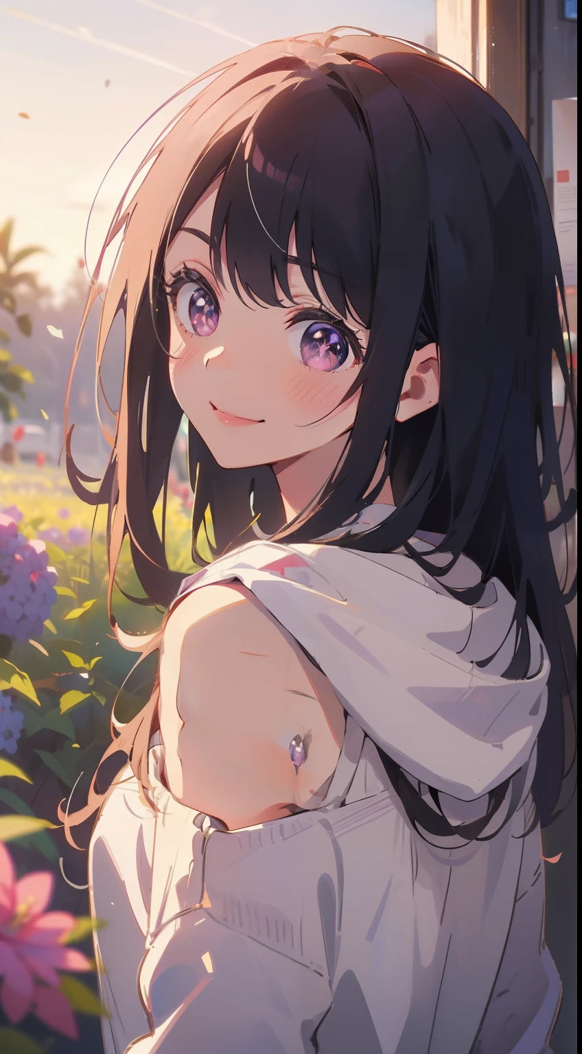 (masterpiece), (best quality), ultra high res, sharp focus, warm pastel tone, ((1 woman, solo)), upper body, dutch shot, beautiful detailed hair, chestnut brown hair, long hair tumbles down, beautiful detailed face, ((beautiful shape eyes, purple eyes)), comfortable face, perfect feminine face, looking at the viewer, smiles, bare shoulders, feminine light sweatshirt with a hoodie, in the meadow of colorful flowers