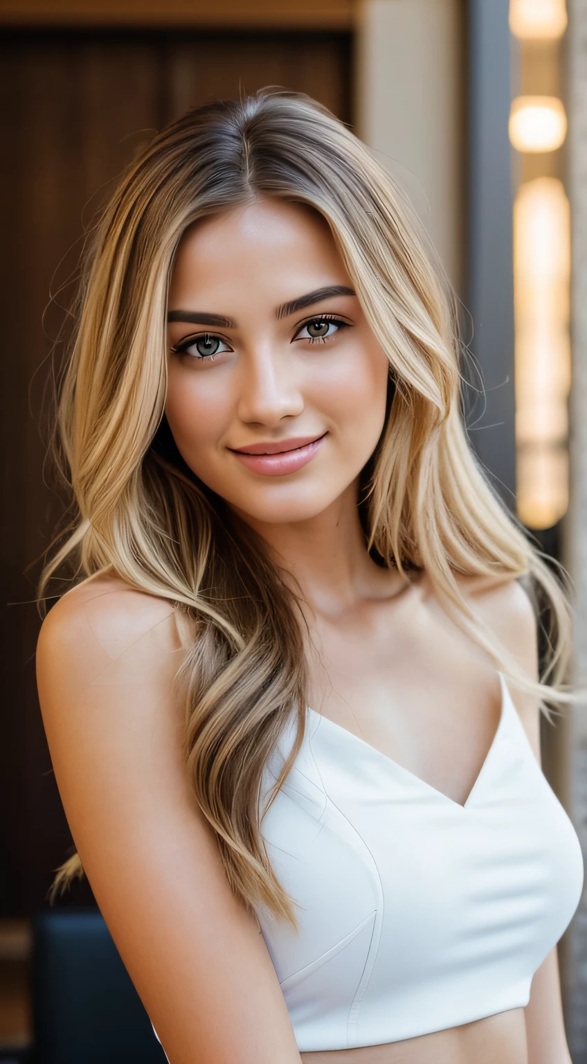 photography of stunning girl in the club , Blond chairs RAW photos, camera gaze, ((top quality, 8k, masterpiece: 1.3)), sharp focus: 1.2, white shirt, pretty features, best smile, cute smile, beautiful woman in perfect style: 1.4, slender abs: 1.2, dark brown hair, (natural light, city street: 1.1), highly detailed face and skin texture, detailed eyes, double eyelids