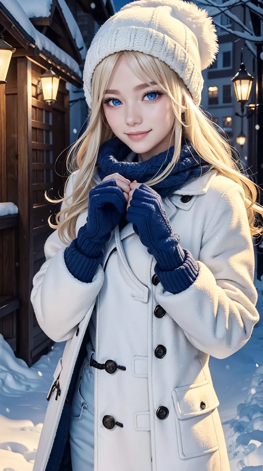25-year-old Caucasian woman、platinum-blonde、blue eyess、Semi-long、My hair is wavy、a smile、My abs are cracked、a smile、slim muscular body、I don't want my head to disappear from the screen.、Wearing a duffel coat、wearing mitten gloves、I'm in a snowy town、wearing a woolen hat、I'm wearing a muffler