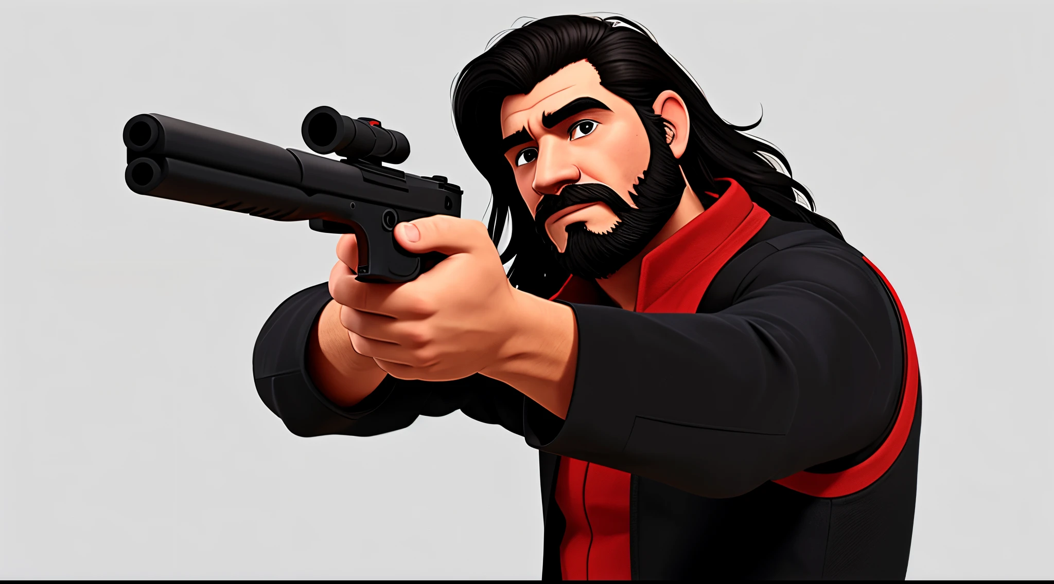 1 Man solo, solo.he has a short black beard and he has black flowing hair. Wearing red. holding gun at camera. white background