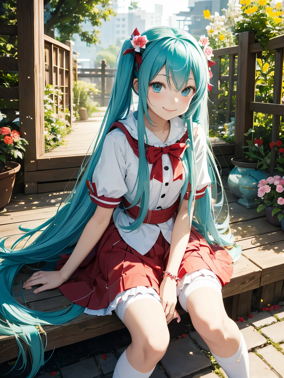 miku hatsune,10yaers old,little red riding hood play party,A sly smile,Flower Garden,(hachikuji mayoi)