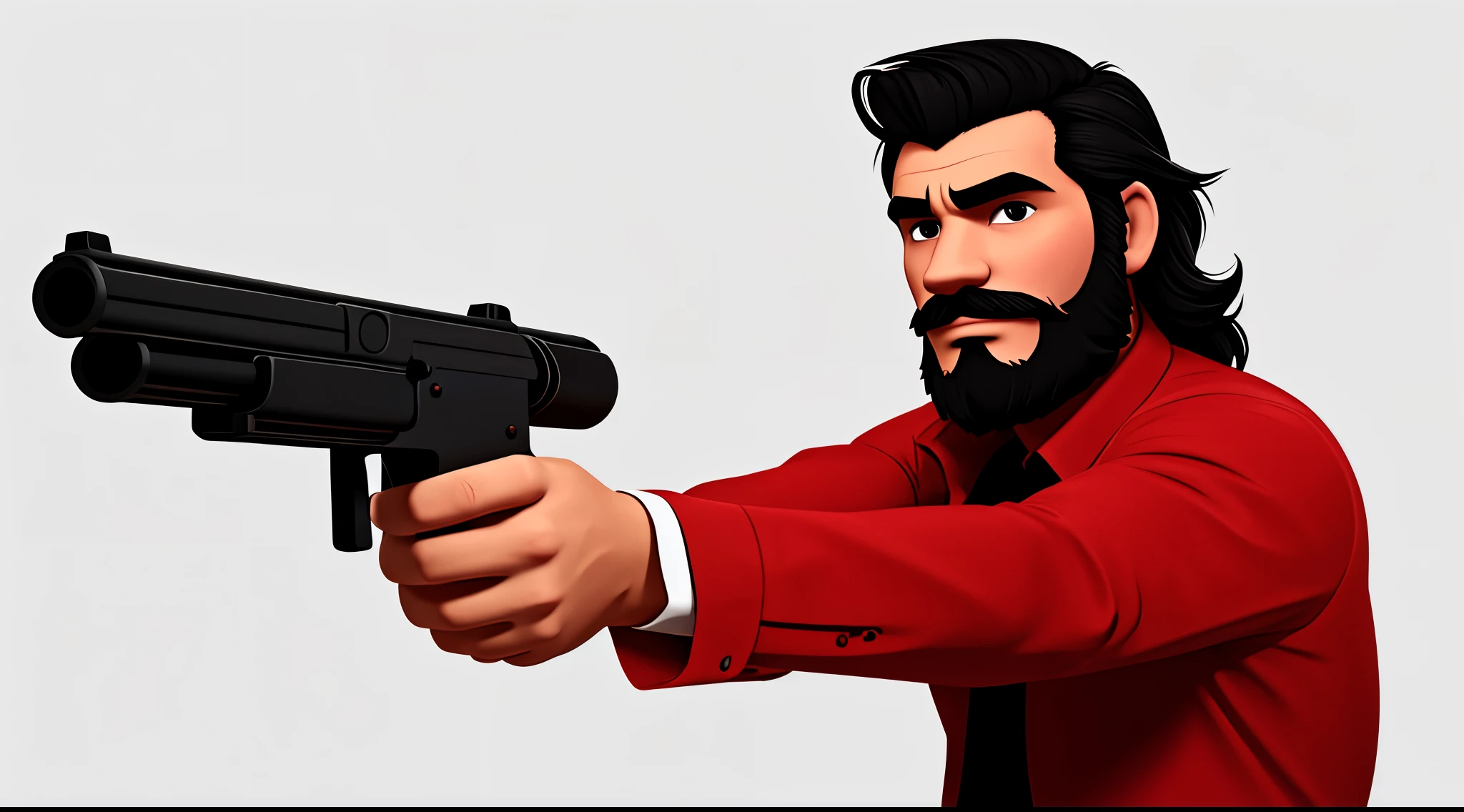 1 Man solo, solo.he has a short black beard and he has black flowing hair. Wearing red. holding gun at camera. white background