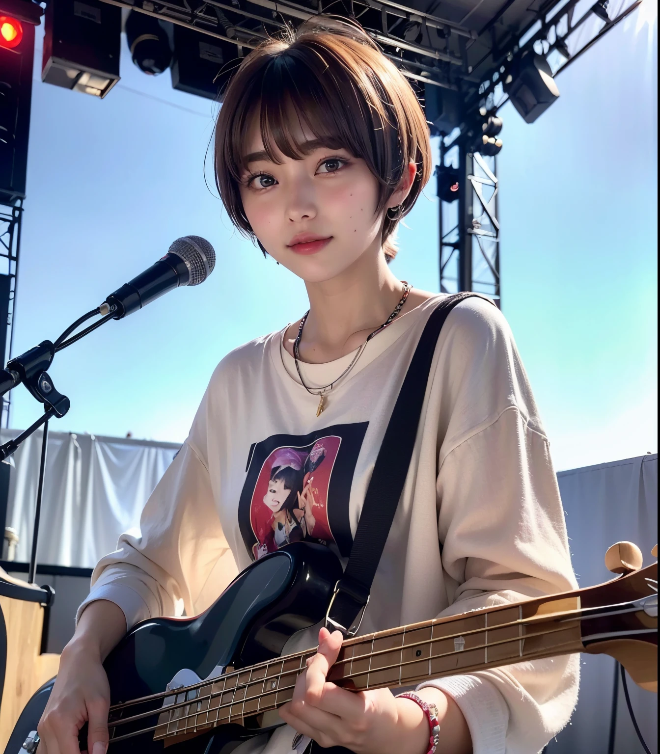 ((top-quality))、(​masterpiece:1.4)、Raw photography、8K、((Top image quality))、 ((hight resolution))、Beautiful face in every detail、Realistic human skin、Gentle expression、(One lady:1.3 )、realisitic、Photorealsitic、(extra very short hair:1.4)、(Cute hairstyle)、(Beautuful Women)、(cute Japanese girls)、(boyish:1.3)、(mannish)、((Pretty Woman))、(Beautiful hair)、((dark brown  hair))、(((Red cheeks)))、(Her eyes are big:1.3)、20-year-old beauty、(her face is small:1.3 )、small head、((long neck))、pale skin、Spot-free skin、With bangs、Everyone longs for、japanese beautiful woman、((eight heads high))、(a necklace)、(music festival:1.4)、((Outdoor stage))、singers、(Concert T-shirt)、smil、(Oversized clothes:1.3)、Happy look、(play bass guitar:1.4)、(On stage:1.3)、Stand Microphone、wristbands、A bracelet、((young woman admires her))、Charismatic model、she has many fans、rock band、(skyporn:1.3)、