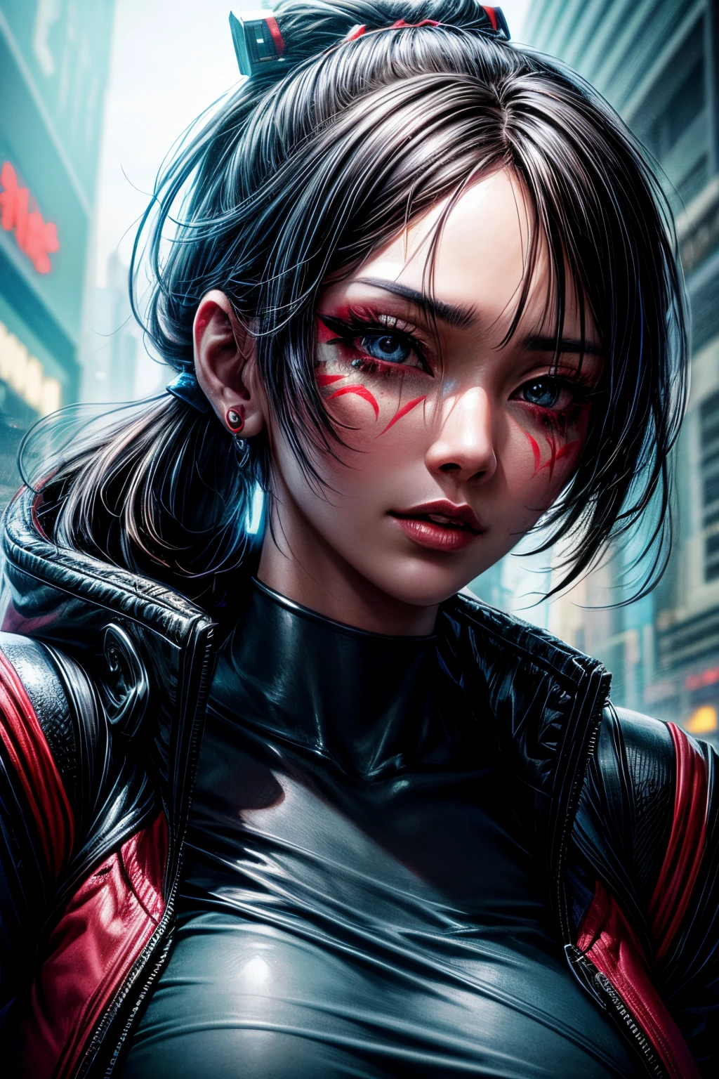 beautiful asian woman in a cyberpunk world, beautiful, epic, close up on face, face tattoos