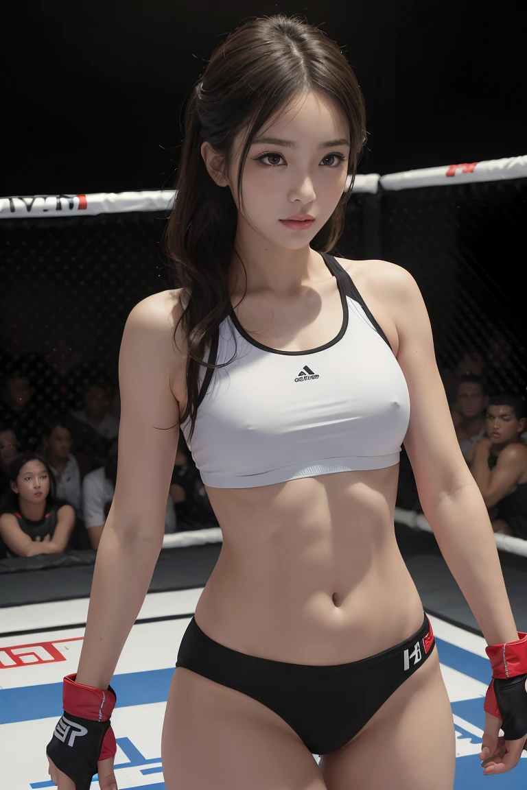 (best quality,4k,8k,highres,masterpiece:1.2),ultra- detailed,(realistic,photorealistic,photo-realistic:1.37),(Best quality, 8k, 32k, Masterpiece, UHD:1.3),Photo of glamorous Japanese woman, 1girl, :1.5)), (abs, slender figure, perfect body :1.2) As you start your warm-up routine, think about the journey that brought you here. The rigorous training sessions, the countless hours perfecting techniques, the sweat, and determination. Reflect on what motivated you to pursue MMA and how you've grown through the process.