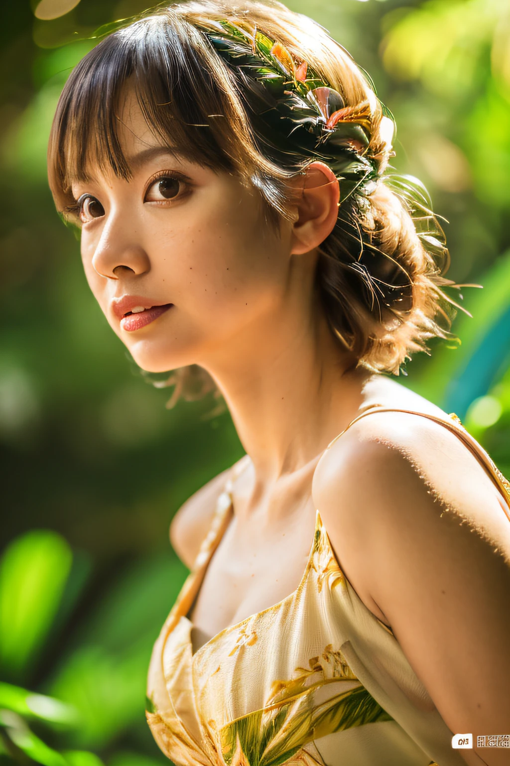 (tropical rainforest: 1), the golden hour, Light brown eyes, One Woman, Light clothing, (Photorealistic), (Complex Detail: 1.2), (masutepiece, :1.3), (of the highest quality: 1.4), (Ultra High Resolution: 1.2), (Detailed eyes ), (detailed facial features), 8K strong sunlight, (Lens Flare: 0.7), (Lens Flare: 0.7), Looking back,Feminine pose, The upper part of the body, (Tight waistline)