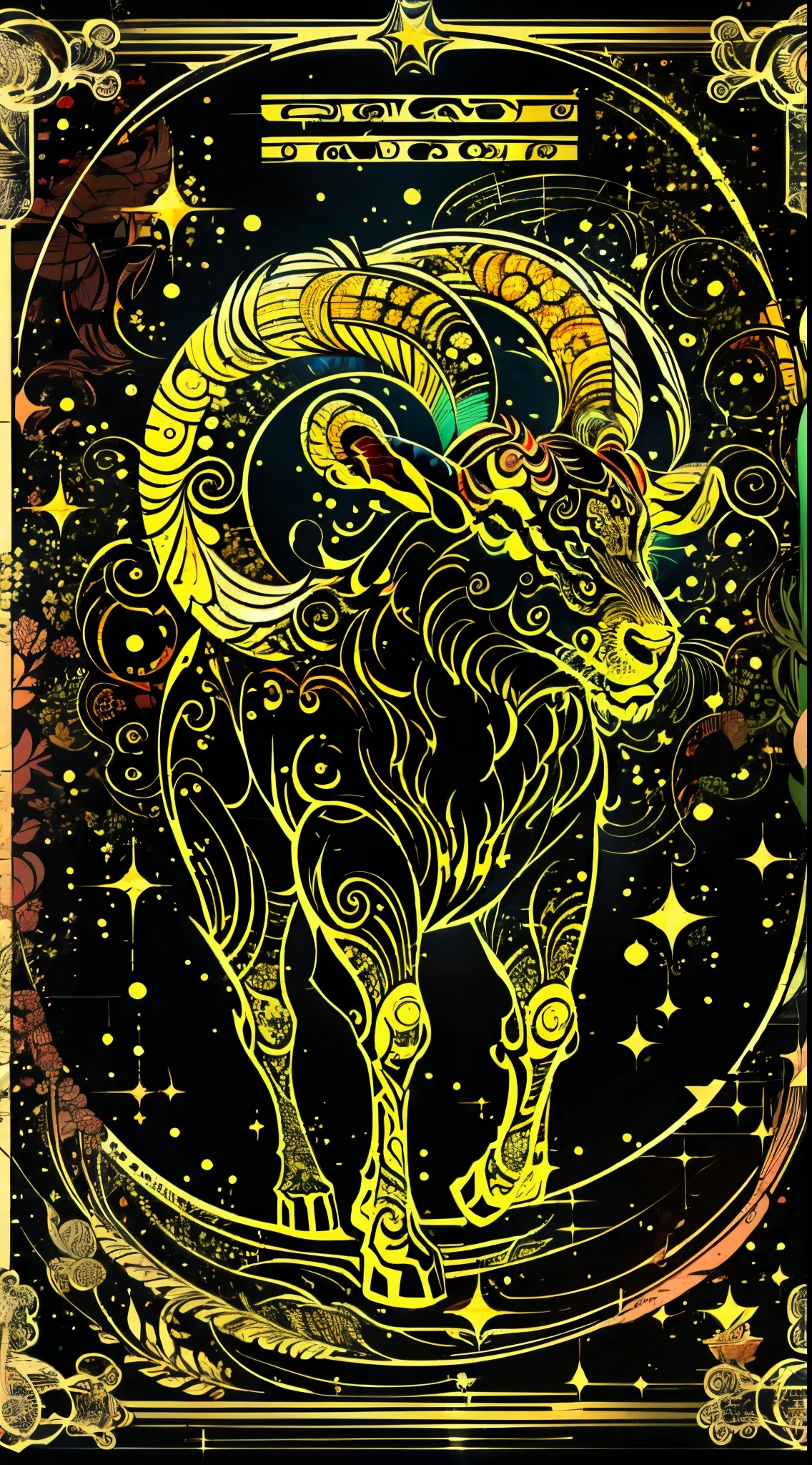 best qualtiy，tmasterpiece，horoscope，Aries（constellation），tarot cards，Gold black background，Zodiac signs，high detal，Glowing，A half body