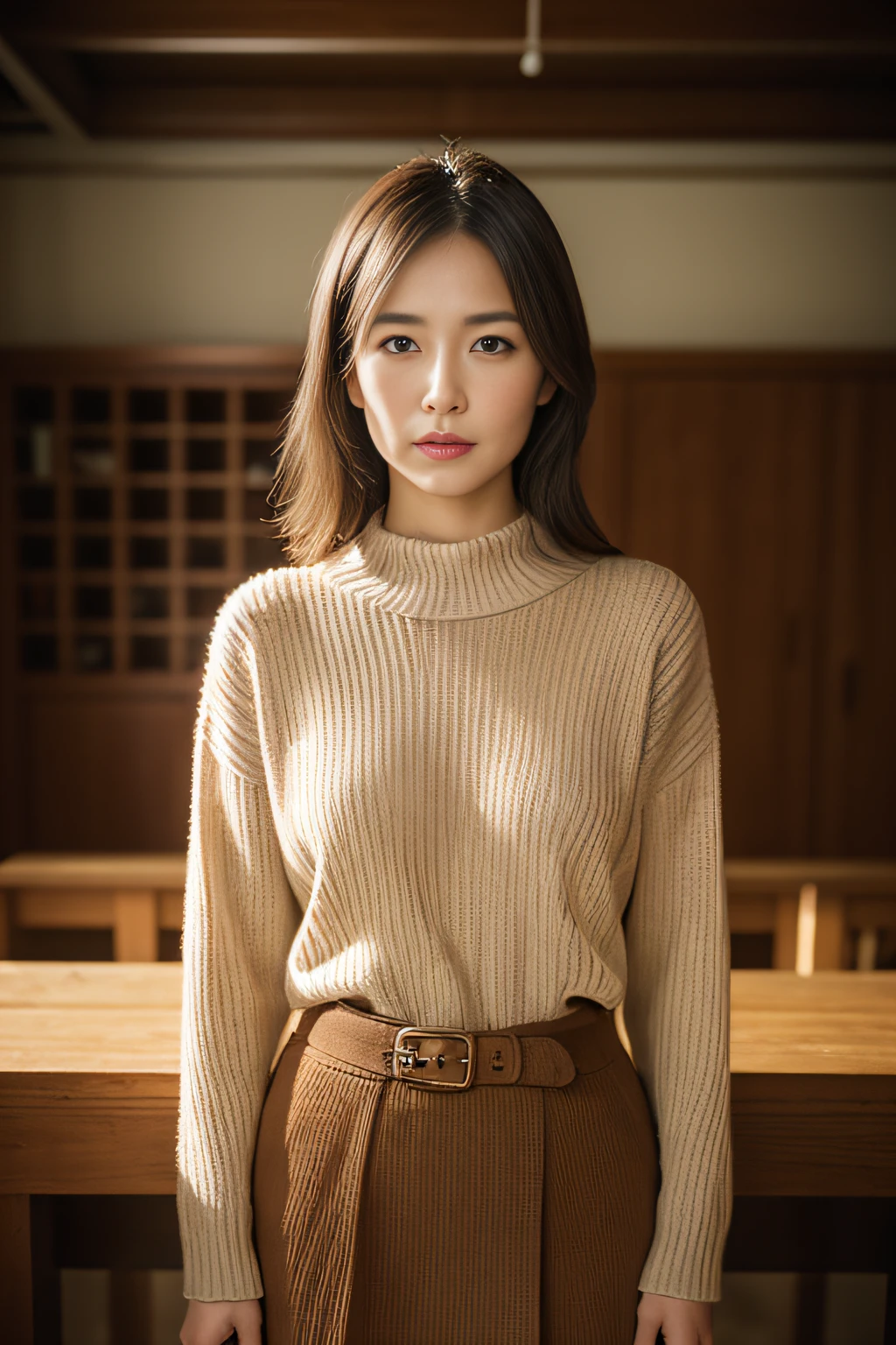 top-quality, masterpiece, hight resolution, Photorealsitic, profetional lighting, ighly detailed, depth of fields, ((One beautiful woman)), ((40 years)), Female sexy, Classroom, ((tight sweater, skirt by the)), Detailed face, beautidful eyes, bangss, small breasts of good shape, Light Brown Straight Hair, Faint lips, ((Stand forward、gazing at viewer, Serious face)), cowboy shot, sharp,