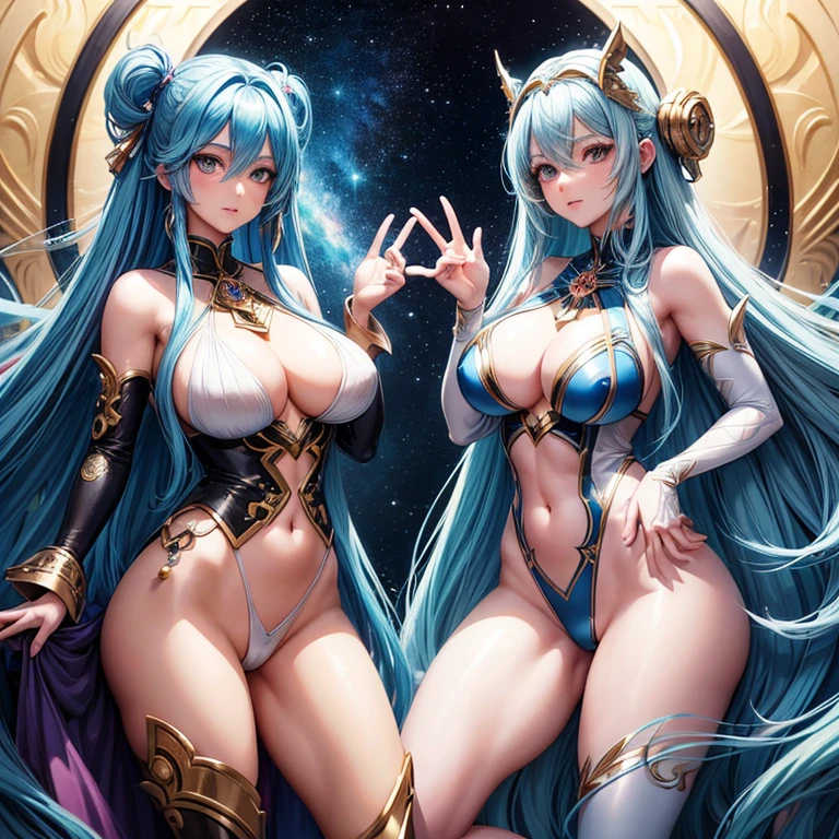 two anime girls with long blue hair and blue hair are standing together, beautiful gemini twins, goddess of galaxies, extremely detailed artgerm, beautiful gemini good and evil, anime goddess, artgerm on artstation pixiv, beautiful gemini twins portrait, high detailed official artwork, trending on artstation pixiv, two beautiful anime girls, 8k high quality detailed art