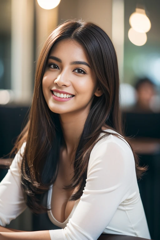 indian brown women, ((Realistic lighting、top-quality、8K、tmasterpiece:1.3))、white shirt,Clear focus:1.2、Girl vs、perfect figure beautiful woman:1.4、Slim abs:1.1、((Dark brown hair、Big:1.3))、(Acceleration:1.4)、Tall、Swaying hair、Exposed cleavage, round face, sitting in coffee shop, big smile , ultra realistic ,natural lights