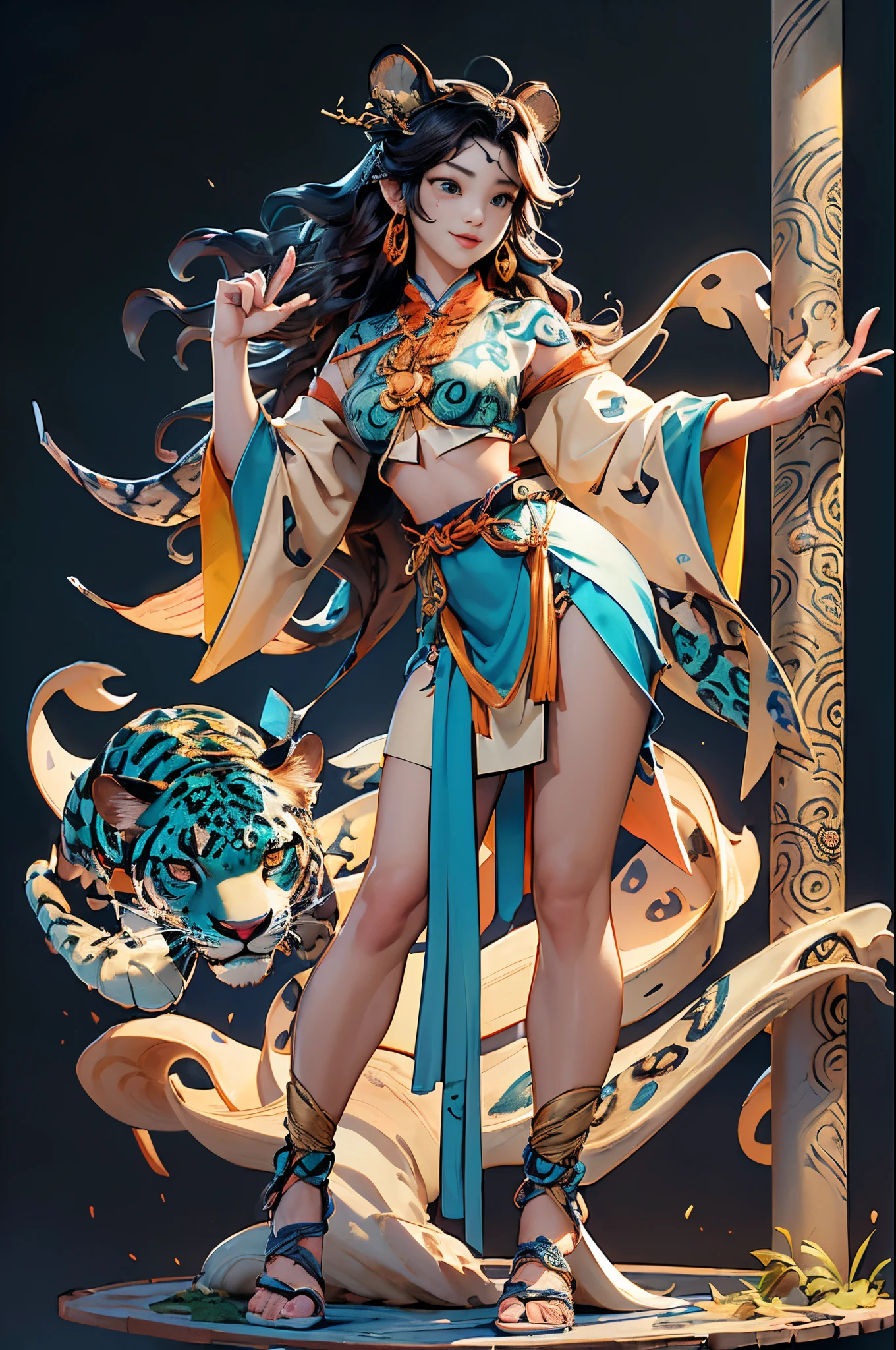 ((Sculpture design)),((full body portrait of person)),((undying)),((tmasterpiece)),(entire body image:1.6,Full body photo:1.6,From the feet to the top of the head:1.6),【Create a LOGO based on:(jungle spirit,Appear in female form,),(Goddess in Chinese mythology:1.5),(oda'jaguar behind me:1.6,complete jaguar:1.6),(Goddess Fan,A MILF,熟妇,mature,big chest and thin waist,long leges),(wildness),(Raised sexy),(charming woman),(Red long-haired:1.4),ear nipple ring,graceful stance,Dunhuang clothes,Dunhuang skirt,((Headdress symbolizing God))】,((Sexual suggestiveness)),(Computer graphic arts:1.4), (s fractal art: 1.2),(( 32K,A high resolution,hyper HD,)), (( Professional Quality,Perfect photography, ray traycing, perfect volumetric lighting, hight quality octane render, High quality vectors)), ((hyper-detailing:1.2,Complicated details:1.2)), ((ultra real photo,フォトリアリスティック,3 Rendering)),((epic image)),(Blind box toy style:1.6),((simple backgound,Deep dark background:1.2,with black background)),Detailed faces,詳細な目,Clean the skin,(correct hand:1.6),(Complete and beautiful five fingers:1.6),(Head and body proportion anatomical model:1.6),(Anatomically correct perspective and occlusion:1.5),(Correct anatomy:1.5),(Add a base:1.6),(Tangled waves and trees:1.6),(Character centered:1.4),(Warm color palette),