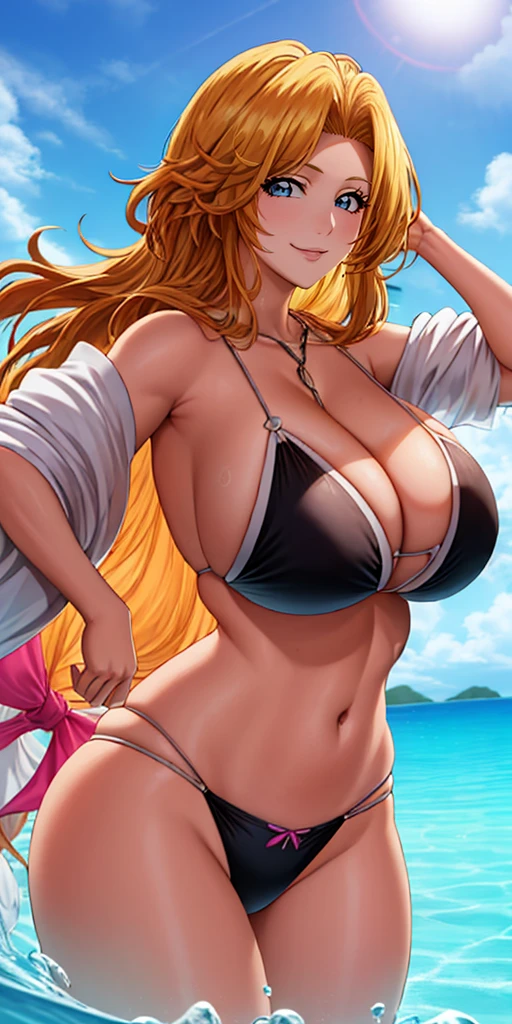 Matsumoto_rangiku, huge_breasts, 1chica, solamente, Afrodita, adornos para el cabello, flores en el cabello, pechos enormes, cuello, pulseras doradas, obra maestra, mejor calidad, colores vibrantes, NSFW, oversized gigantic breast, Mujer completamente madura, Cabello largo, happy face, in the beach, (Beautiful_cara:1.5), (estrecho_cintura) cinematic lighting, bust shot, extremely detailed CG unity 8k wallpaper, muscular, (gigantic breasts:1.0), big eyes, (curvy:0.8), caustics, (sunbeam:0.8), water up to the chest, oversized gigantic breast, BBW | Mujer completamente madura,{{{1girll}}}, {{{La mejor calidad}}}, {{{HDR, hiper HD, 8k }}}, {{Pintura ultrafina}}, {{{Obra maestra}}}, {{Ultra detallado}}, {{extreme detail description}}, (Pechos gigantescos de escote:1.5), smile, 1girl, solo, hair over shoulder, rangiku, blonde hair, blue eyes, Bangs, long hair, 1 girl, closed mouth, (innocent_big_eyes:1.0), Light_Smile, sitting in a tub, breasts floating in water, masterpiece, best quality, detailed face, detailed eyes, highres, bikini, micro bikini, beach,