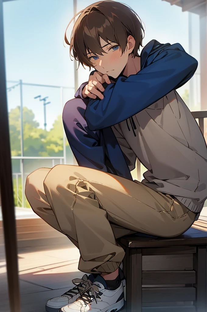 masterpiece, best quality, high quality, 1boy, solo, male focus, looking at viewer, upper body, mugi_awaya, short hair, blue eyes, beautiful eyes, black hair, , long sleeve sweatshirt, long brown bottle pants, sneakers, soft smile, adult man, sit on a wooden bench, tall body, adult body, slightly muscle, legs, side view