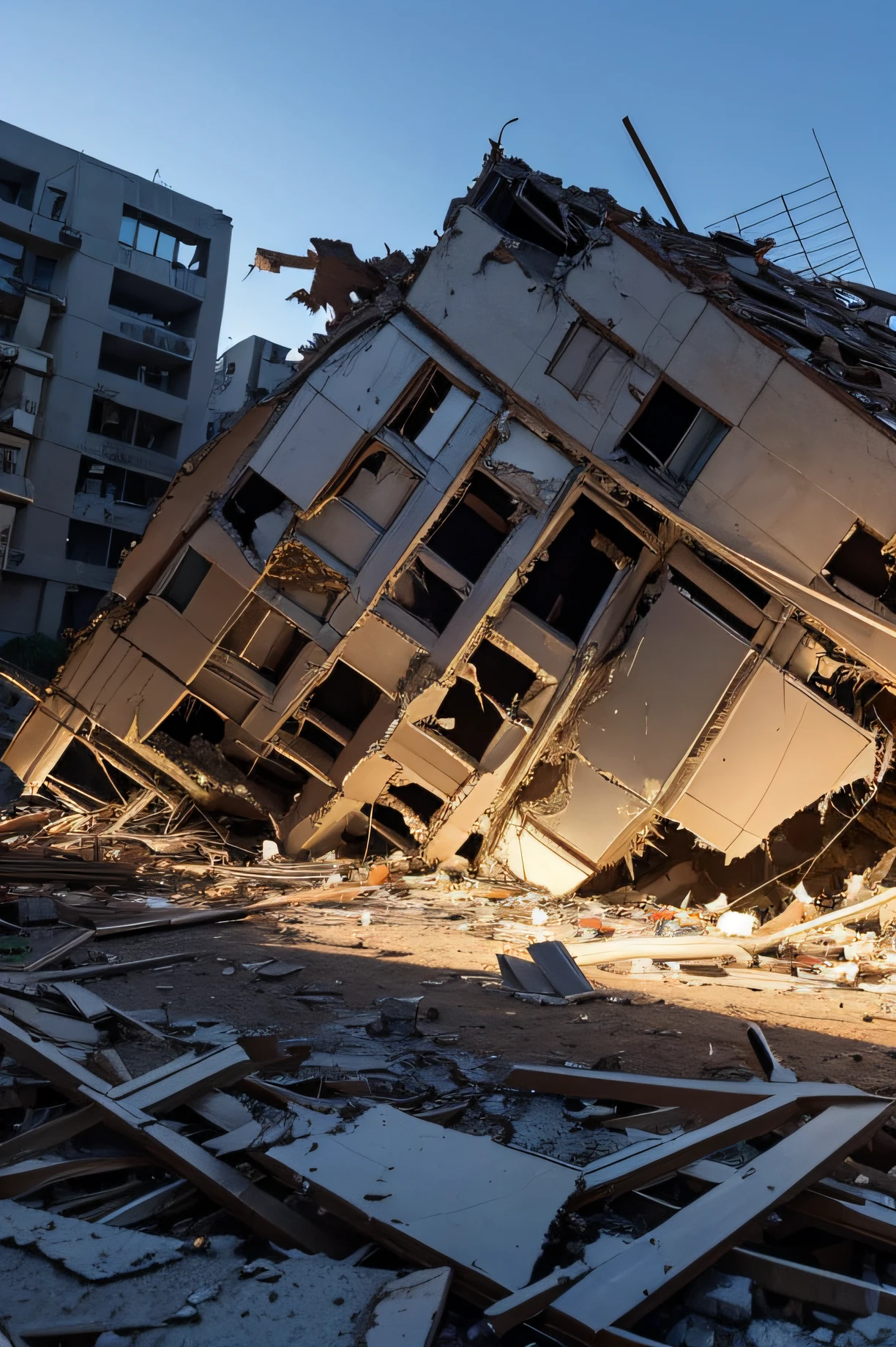 Earthquake site,without humans,The land is cracking,The building collapsed,nighttime scene,