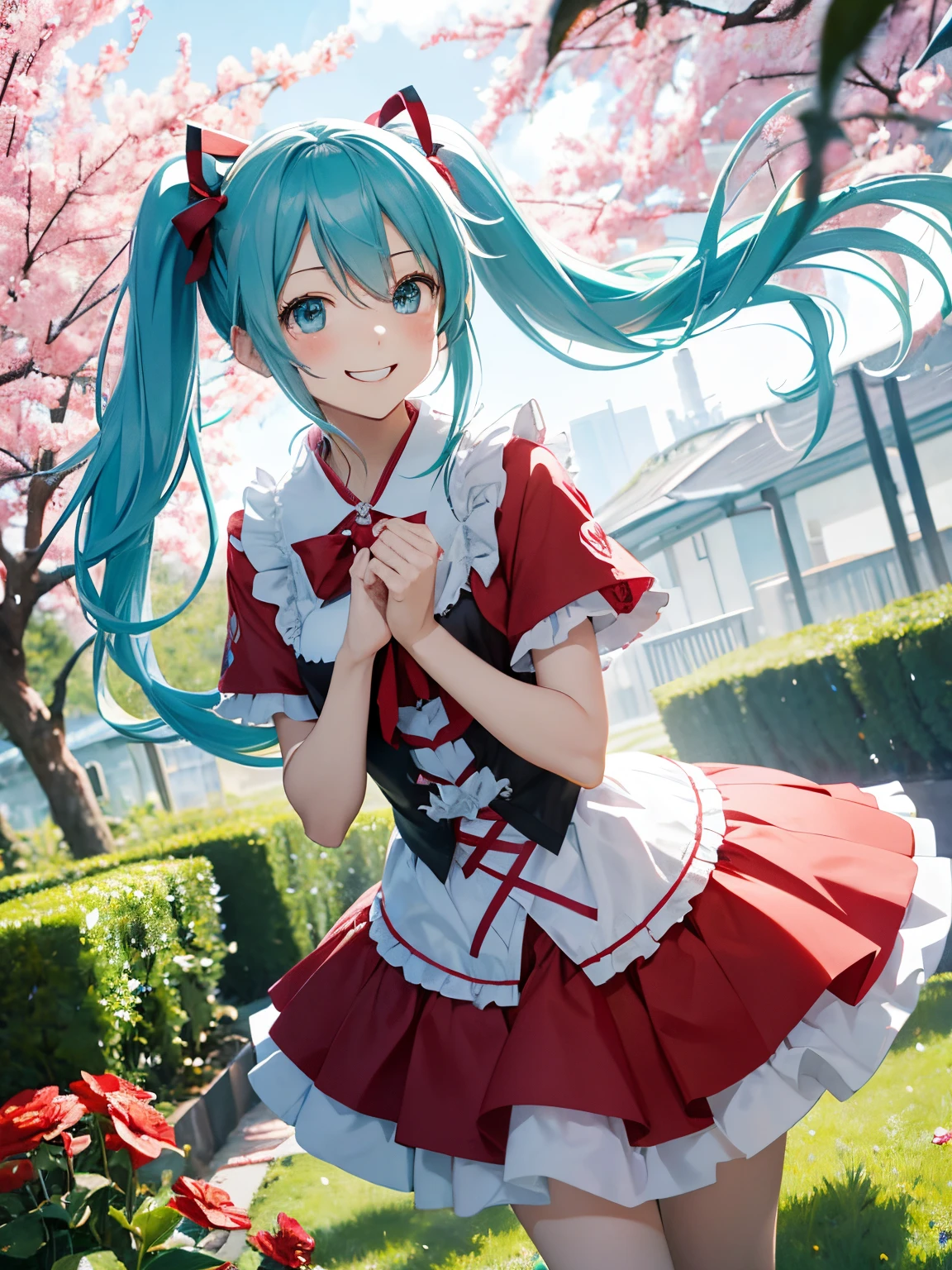 miku hatsune,10yaers old,red riding hood,Play Party,A big smile,Flower Garden,(hachikuji mayoi)