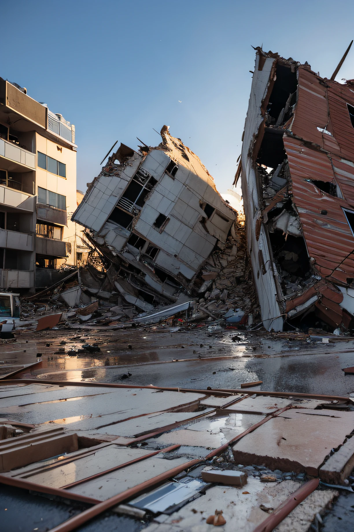 Earthquake site，without humans，The land is cracking，The building collapsed，nighttime scene，