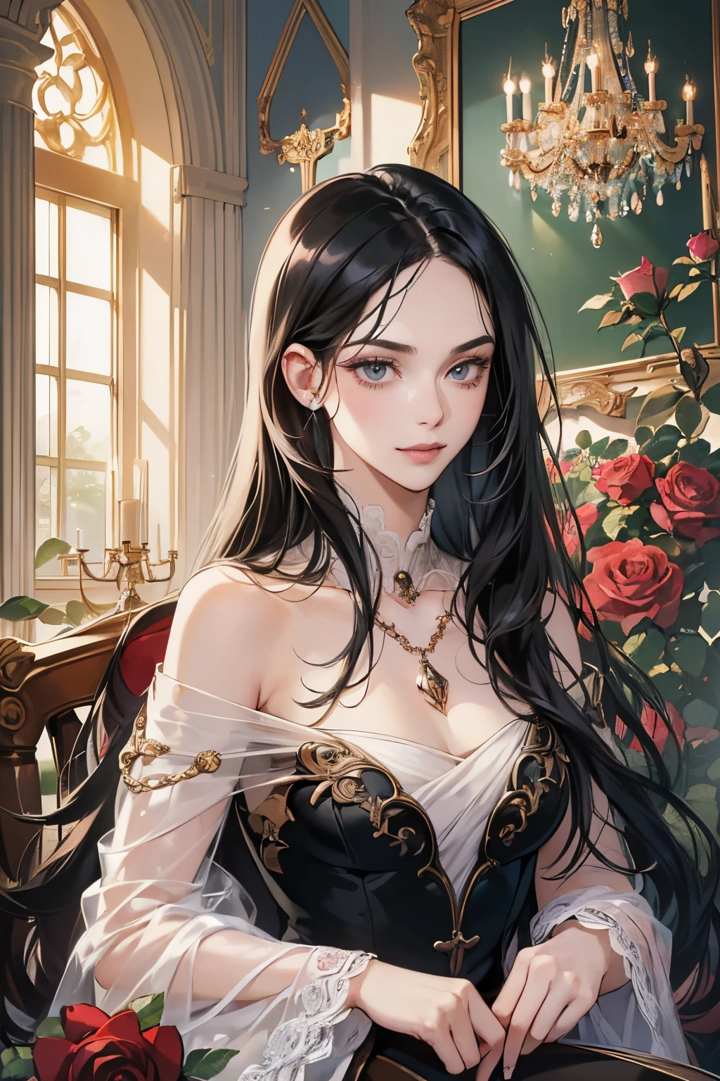 (table top, digital art, digital illustration, 4k, 8k, very detailed, beautiful picture, Sharp picture, realistic, raw photos, perfect face, perfect lines, perfect eyes, soft light) 1 woman, (long black hair,have straight hair,Bullish stare,beauty,elegance,System mode,one piece、Make-up is difficult,23 is a novel,big tits:1.8),Two handsome men in suits, (human,man in suit,have good muscles,wide, stable shoulder,adult male,child&#39;Hair style,English gentleman style,A man in his 30s with a cold face.,A 28-year-old man smiles brightly..:1.2),Antique furniture,antique clamp,antique chair,Chandeliers,crystal glass,luxurious,Magic Light,marble fireplace,(shy from,shy smile,1 red rose:1.2),antique sofa,leather sofa,the kiss、kiss、loved one、couple kissing、romantic、volumes , victorian era, victorian dress, Fantasy