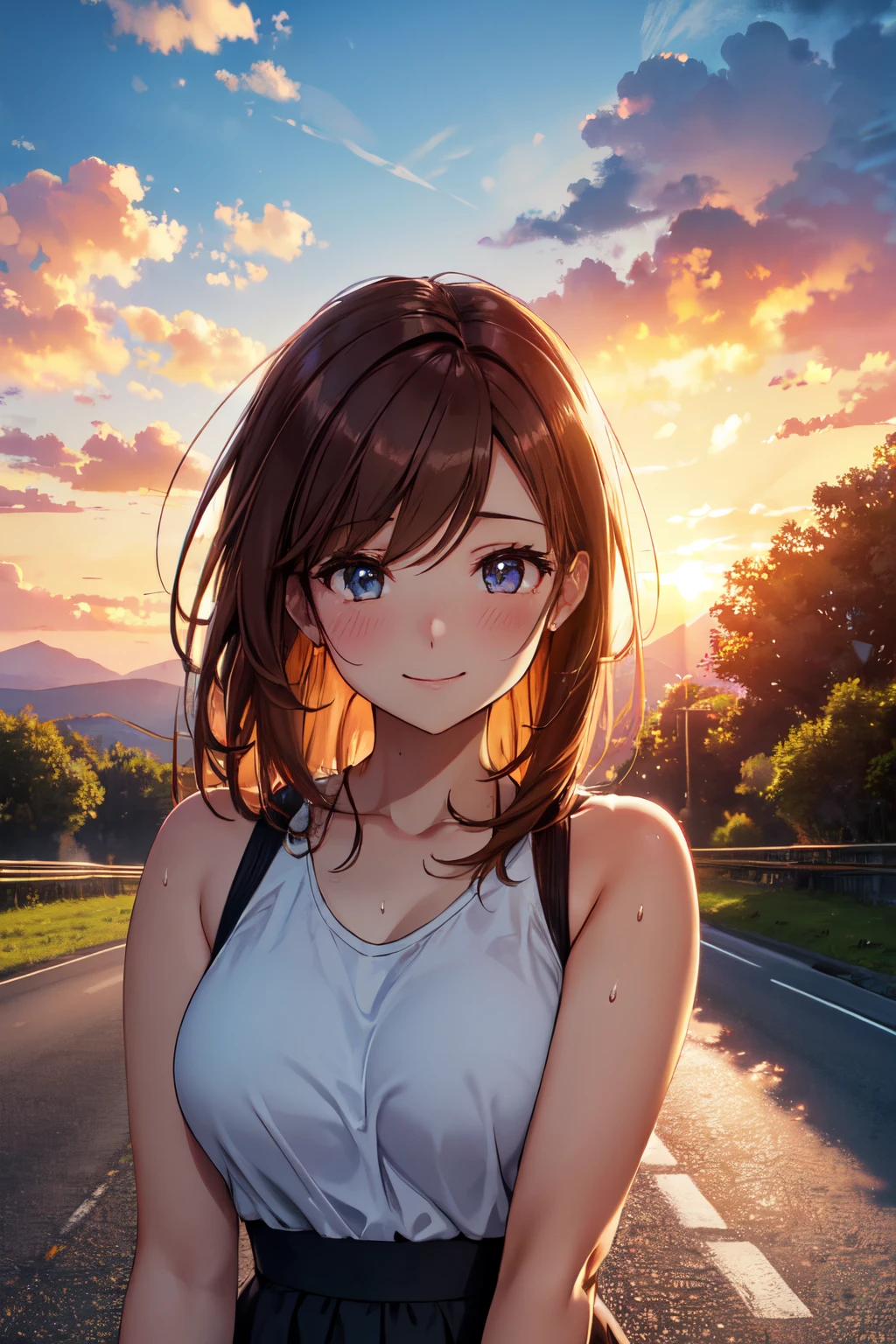 (High quality, High resolution, Fine details), Realistic, sunset backlighting, straight road, gorgeous colors, vibrant sky colors, vivid orange and pink hues, serene horizon, fading daylight, road stretching towards the horizon, lush greenery along the road, tranquil countryside, solo, curvy women, Light brown hair, sparkling eyes, (Detailed eyes), smile, blush, Sweat, Oily skin, shallow depth of field