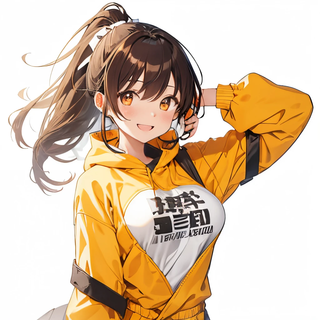 【Highest Quality, masutepiece】 [girl, Manteau, expressioness,deep orange eyes, front facing,dark brown hair,long ponytail hair,yellow knit cloth, Happy, Upper body] (Gray white background:1.2),very happy smile,boobs,