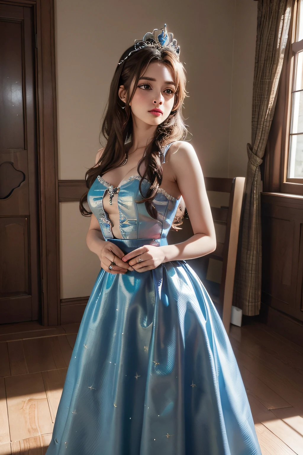 inside a palace, A sister,With a delicate crown,It used to be beautiful,Hair is long, long, long,hair dragged to the ground,Westindo Westindo Longo,Colorful skirt,fan hair, (film chronology), (pixar-style:1.2), (cgi animated: 1.2), (Disney: 1.2), (Cartoons: 0.2), (Best quality at best, tmasterpiece, 4K, ultra - detailed, Focus sharp, 8K, k hd:1.2), (author:Danny Mac 3D, by foley root), (tmasterpiece: 1.2), Ridiculous resources