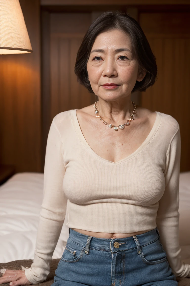 (((98 year old Japanese woman))), ((Sagging under the eyes)),(((nasolabial folds))),masutepiece, Best Quality, Photorealsitic, super detailed skin, Sharpen, Perfect Anatomy,Temples in Kyoto,Anatomy,独奏,Longhaire,((old body)), (((Sagging udder))), (thick waist),(flabby body)(,Plump body),(((bunk butt))),Serious look,Mature AV Actress, glamor, A sexy,(((Fair skin with many wrinkles))),small diamond necklace,Long sleeveTThe shirt,Long skirt in jeans,Staring at this,opening legs