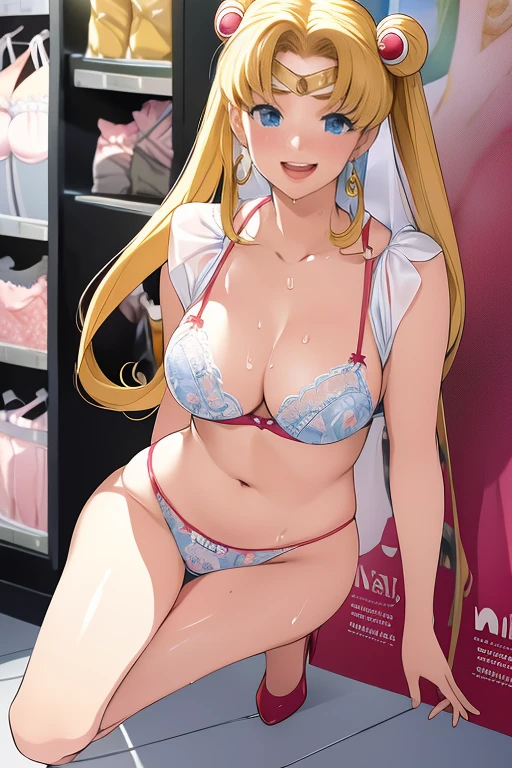 (Solo, 1girl in), (absurderes, ,hight resolution, official wallpaper, poster for), (masutepiece, Best Quality:1.2), (Illustration, Realistic), (perfect detail, highest details, ighly detailed), Dramatic light, Tsukino Usagi, (Sailor Moon, Blonde hair, Twin-tailed, circlet, Jewelry, Crescent Earrings),((Print Lingerie), (print bra), (printed panties), white thighhig), (dian, mall, Clothing Stores, materia), (blush, excited, Happy, Smile, Open mouth, shopping bags, gushing, Sweat),Long legs,high-heels,full body Esbian,Moderately meaty
