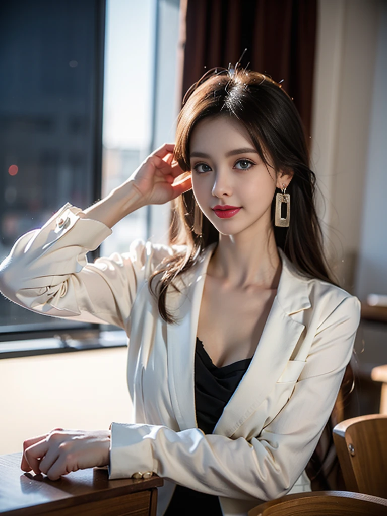 tmasterpiece,Highest image quality,super detailing,rnsexy smile,amazing face and eyes, cosmetics, (extremely detailed beautiful face), (The sexiest look), Snow-white breasts,Naked of breast,(Best quality:1.4), (ultra - detailed), (extremely detaild的 CG unified 8k wallpapers), The content is very detailed, RAW photos, professional photoshooting, ((buisness suit)), (Open business shirt), Sexy female secretary,Indoor and below, (Office room, Dark Night Classroom,), (nigh sky), depth of fields,face flushed,raised eyebrow,Very shy,blond hair blue eyes,Ruddy complexion,looking at viewert,Dreamcatcher earrings,epic,concept-art,