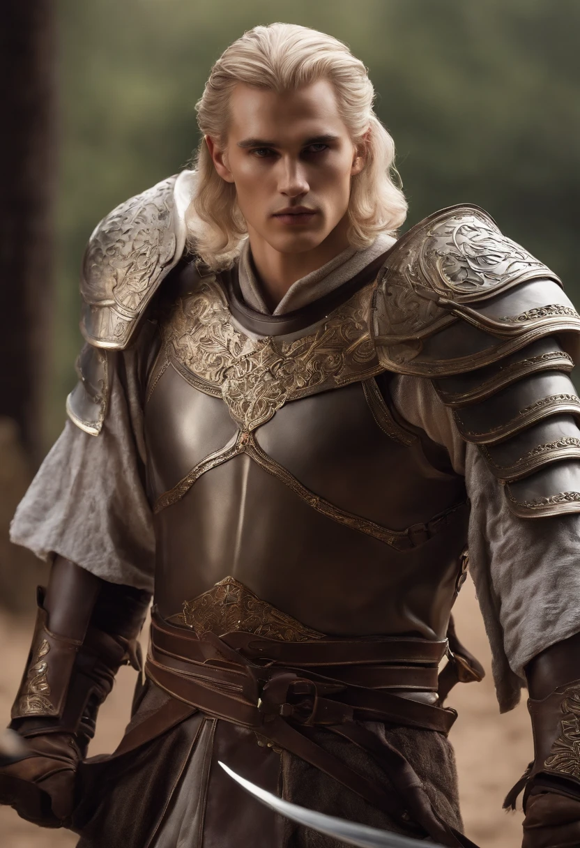 Aemond Targaryen is standing in the training yard, sparring with his sword against a skilled opponent as the morning sun casts a golden glow over the scene.,A Song of Ice and Fire,His physical presence is characterized by silver, straight, and well-kept hair cascading down a long and sharp face. A sharp jawline, straight nose, pointed chin, and the unique feature of a missing right eye add to his distinctive appearance. The left eye, a striking lilac hue, draws attention, with the empty right eye socket adorned by a blue sapphire or concealed by an eyepatch. Thin lips, a pale complexion, and a serious expression complete his visage. Aemond's tall, slim, and lithe build contributes to an overall image of strength and regality., male