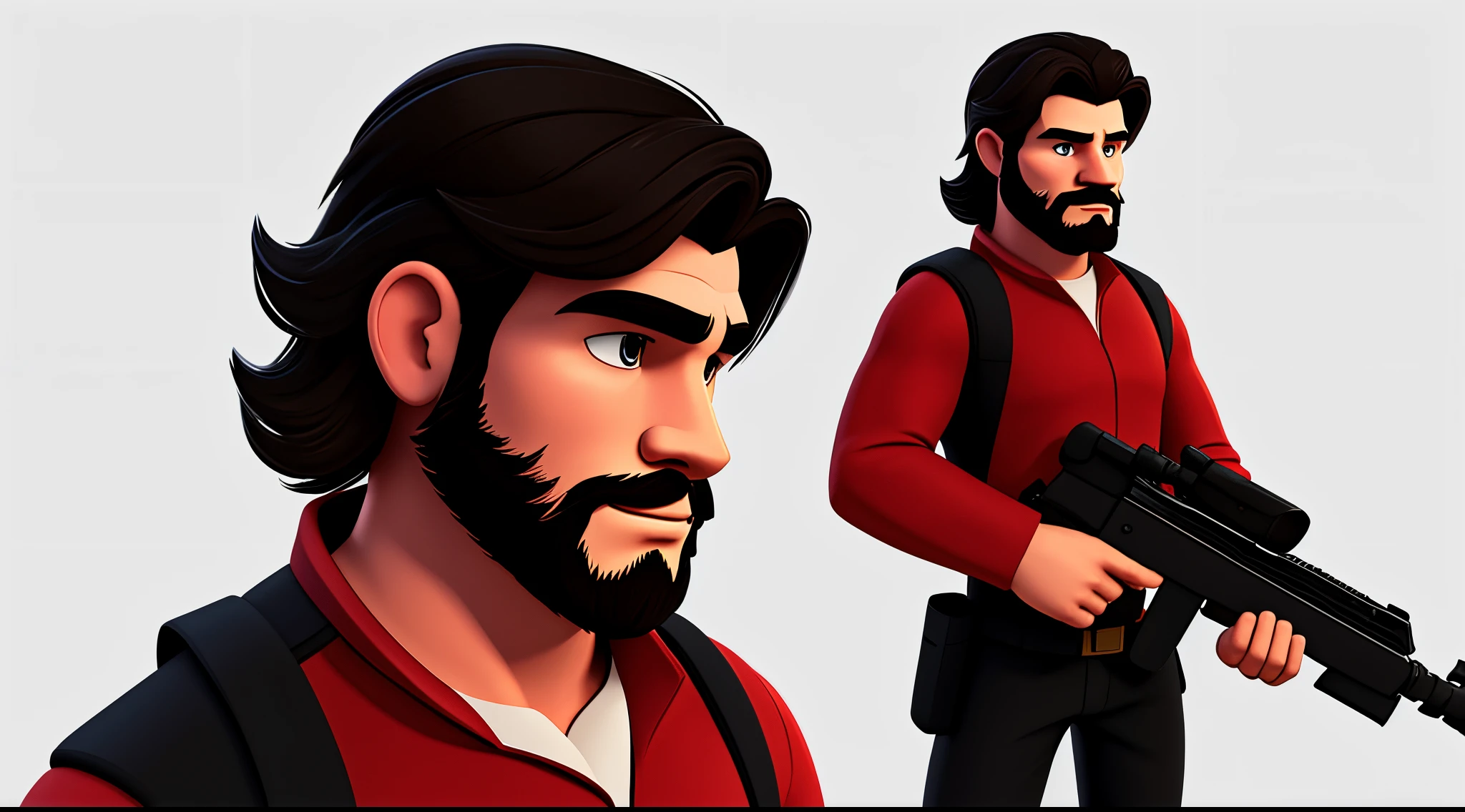 1 caucasian Man solo, solo.he has a short black beard and he has black flowing hair. Wearing red. holding sci-fi rifle. white background