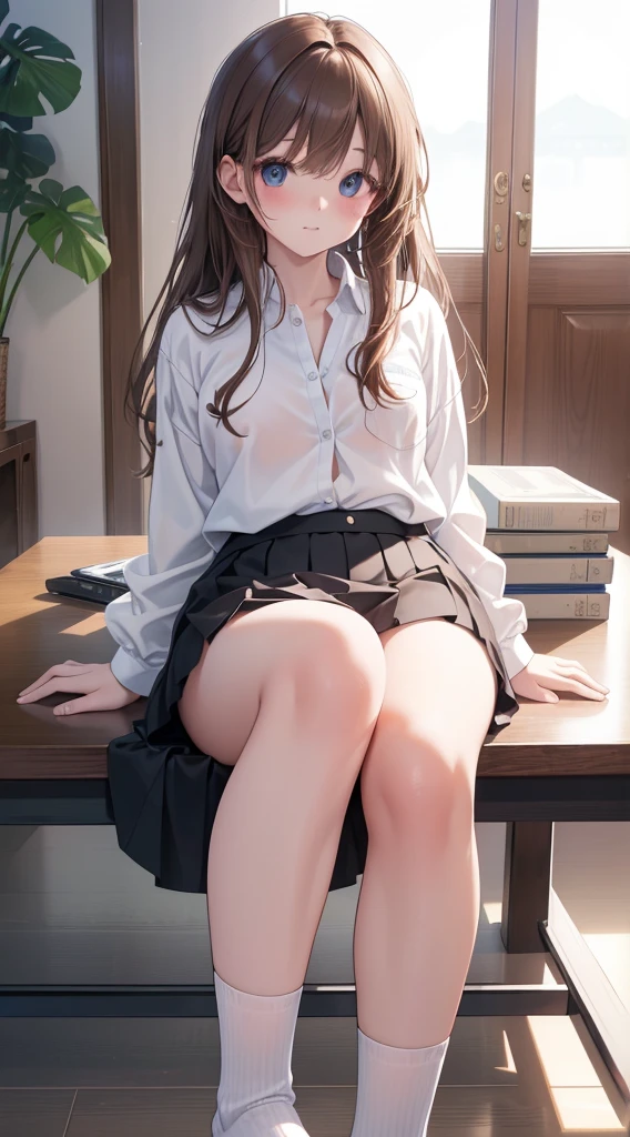 ultra - detailed, A high resolution, (actual, realistically: 1.4), 8K, RAW photos, (On a table), (Best quality), physically-based renderingt, college girl, Long brown hair, Korea, sea beach, unbutton your socks,look at them_The white_The shirt