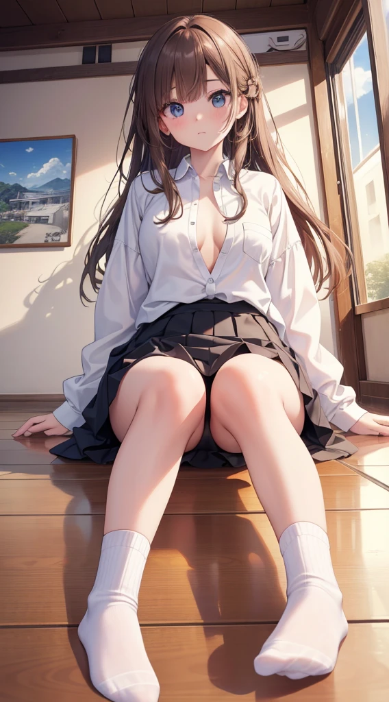 ultra - detailed, A high resolution, (actual, realistically: 1.4), 8K, RAW photos, (On a table), (Best quality), physically-based renderingt, college girl, Long brown hair, Korea, sea beach, unbutton your socks,look at them_The white_The shirt