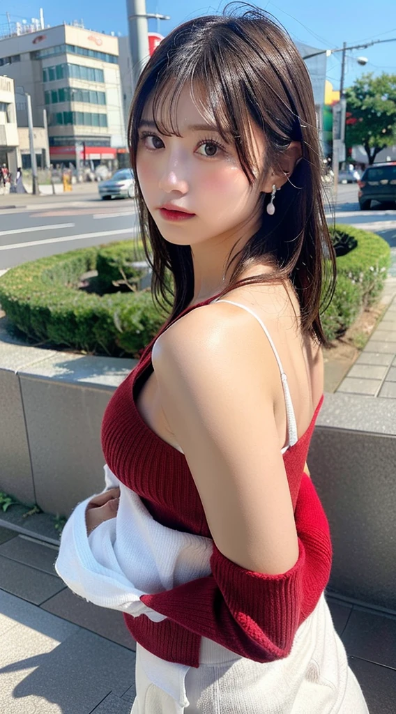 ((Photos of Japan women)), Knitwear with open cleavage, Beautiful, perfect bright skin, short wavy black hair, Hourglass body shape, Full body shot, Perfect body, thin lips, Thin Eyes, Thin eyebrows, thin nose, earrings, long eyelashes, (red eyeshadow and makeup), in 8K, Intricate maximalist details, Extremely detailed, Back lighting, Romantic lighting, epicd,Populated beach background, Shallow depth of field, top notch breasts, Colossal tits、 top notch ass, Huge ass, looking in camera, Facing Camera、Front bending pose、poneyTail