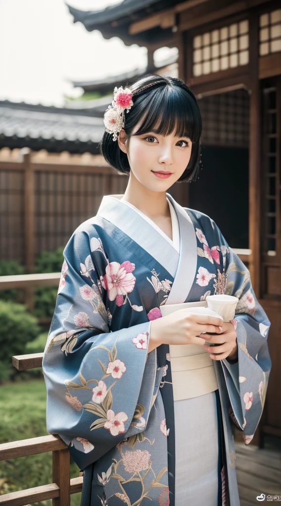 Best Quality, masutepiece, 超A high resolution, (Photorealistic:1.4), Raw photo, One bewitching woman, Kimono beauty with a crane pattern, gros-plan, Looking at Viewer, castle town, Black hair short hair, Hair Ornament,Beautiful photos,is beautiful,fullbody image,