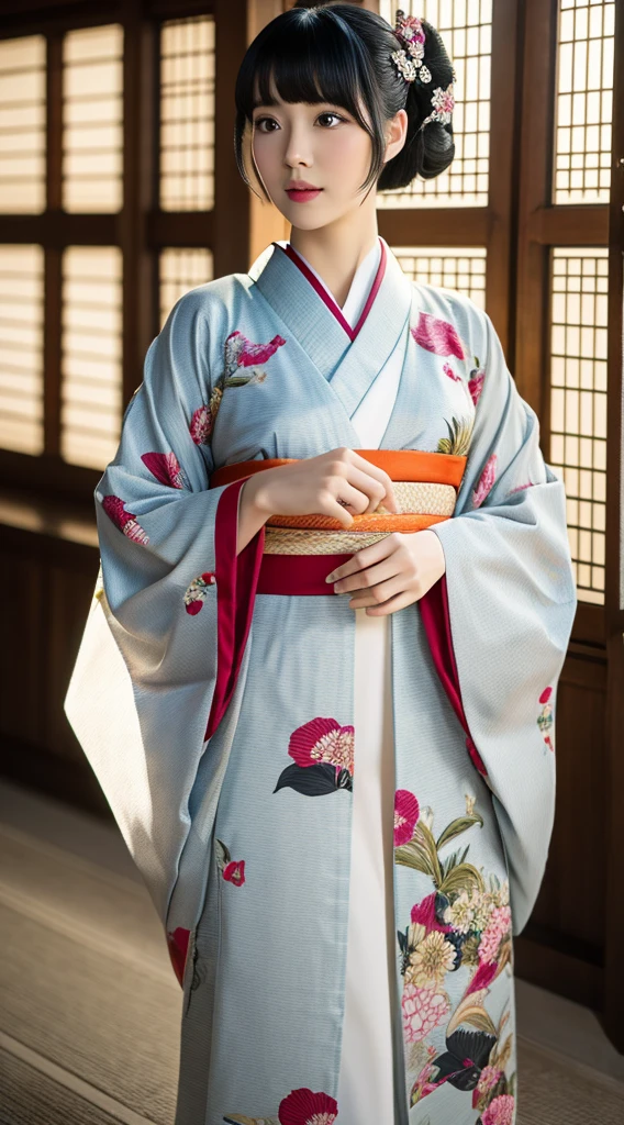 Best Quality, masutepiece, 超A high resolution, (Photorealistic:1.4), Raw photo, One bewitching woman, Kimono beauty with a crane pattern, gros-plan, Looking at Viewer, castle town, Black hair short hair, Hair Ornament,Beautiful photos,is beautiful,fullbody image,