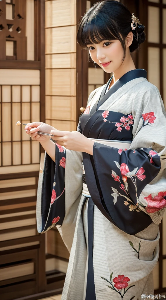 Best Quality, masutepiece, 超A high resolution, (Photorealistic:1.4), Raw photo, One bewitching woman, Kimono beauty with a crane pattern, gros-plan, Looking at Viewer, castle town, Black hair short hair, Hair Ornament,Beautiful photos,is beautiful,fullbody image,