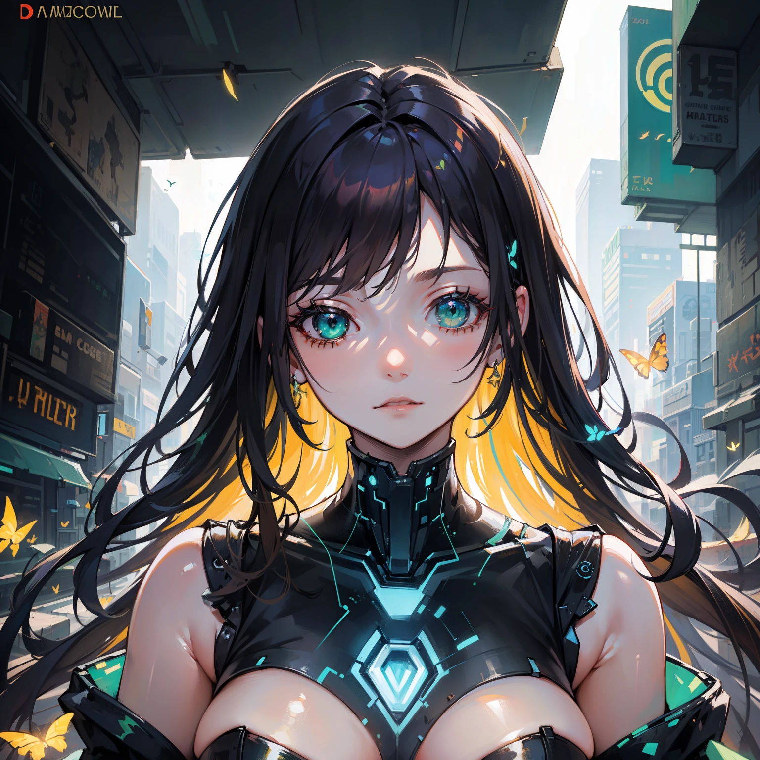 (masterpiece), best quality, ultra high res, sharp focus, natural lightning, medium close-up, mls, a beautiful robot humanoid woman surrounded by butterflies with circuit patterns, beautiful green eyes, amaze face, brunette long wavy hair, in the cyberpunk city