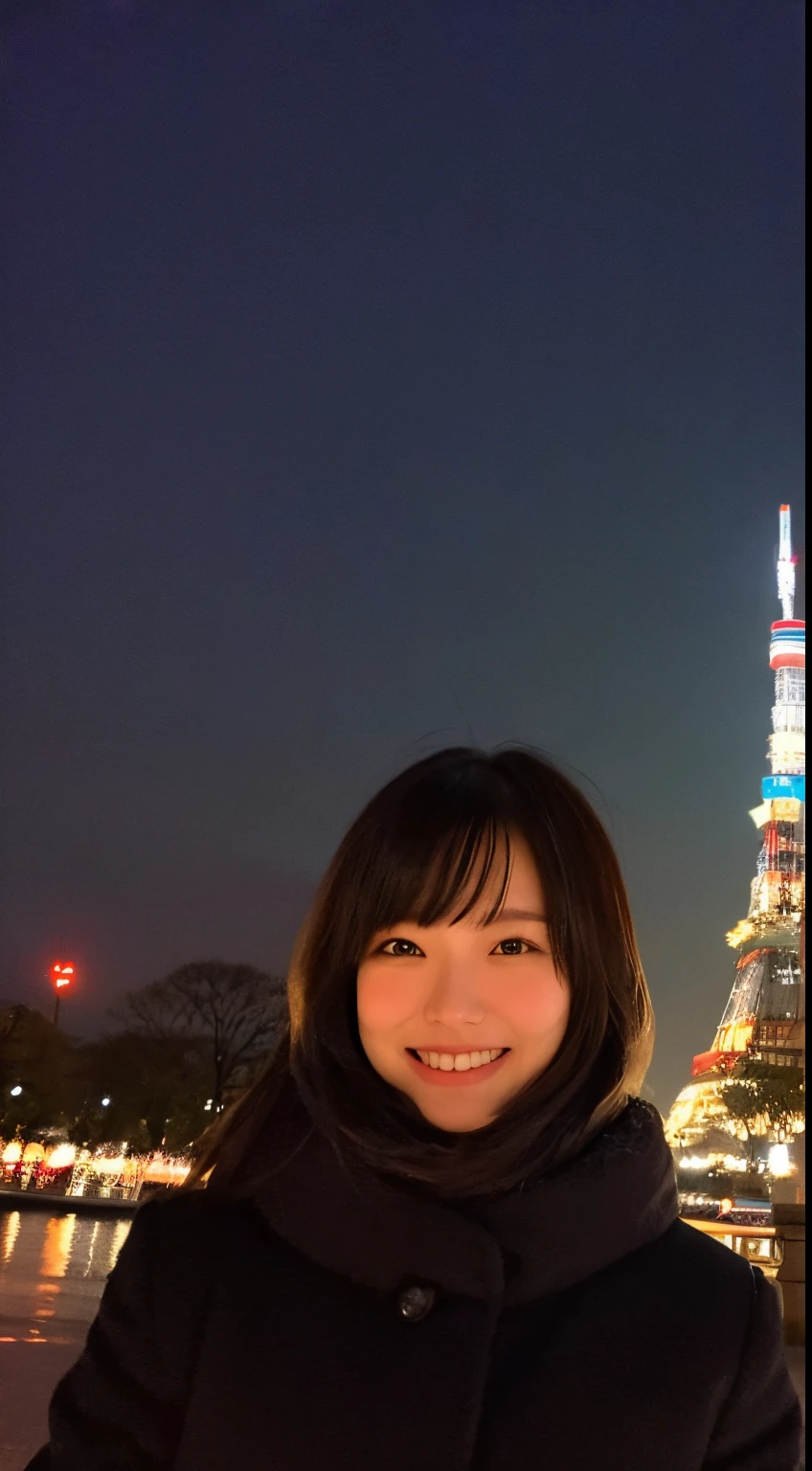 Winter clothes、a little bit smile、Tokyo Tower at night in the background、